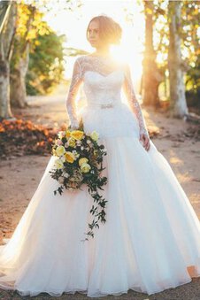 Robe de mariée vintage naturel jusqu'au sol en tout plein air de traîne moyenne