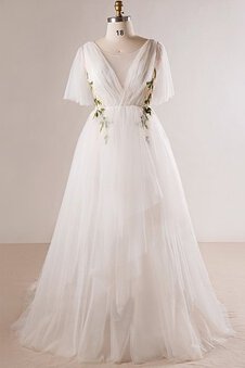 Robe de mariée joli de traîne courte a-ligne avec fleurs sage