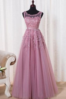 Robe de bal romantique avec ruban avec décoration dentelle decoration en fleur encolure ronde