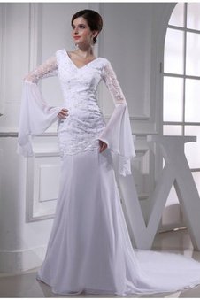 Robe de mariée longue avec perle de traîne mi-longue de sirène avec manche longue