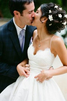 Robe de mariée sucré jusqu'au sol en satin avec décoration dentelle de princesse