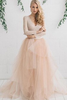 Robe de mariée humble classique textile en tulle avec manche longue avec gradins