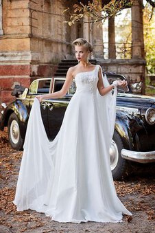 Robe de mariée jusqu'au sol de traîne courte manche nulle en chiffon d'épaule asymétrique