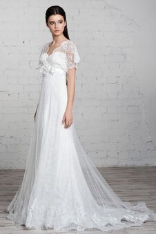 Robe de mariée jusqu'au sol textile en tulle collant avec fleurs avec décoration dentelle