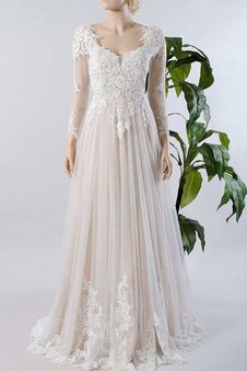 Robe de mariée plissage facile de col en v avec manche longue col u profond