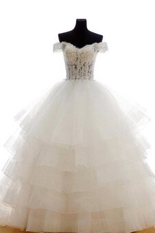 Robe de mariée naturel en tulle avec gradins avec perle epaule nue