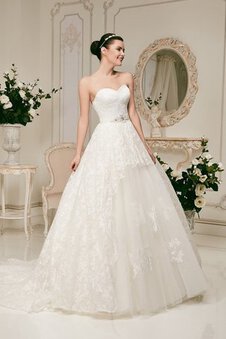 Robe de mariée a-ligne avec zip longueru au niveau de sol manche nulle decoration en fleur