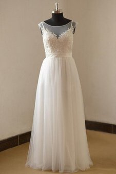 Robe de mariée naturel avec manche courte col en bateau avec ruban ceinture