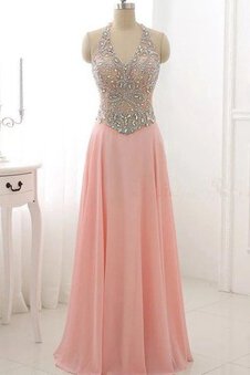 Robe de bal distinguee en chiffon avec perle avec fronce sans dos