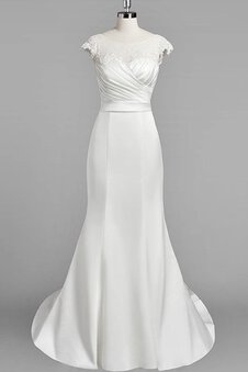 Robe de mariée naturel fermeutre eclair avec manche courte en satin de traîne moyenne