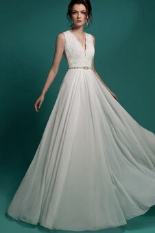 Robe de mariée plissage manche nulle avec chiffon de col en v jusqu'au sol