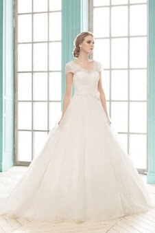 Robe de mariée humble avec décoration dentelle v encolure jusqu'au sol a-ligne