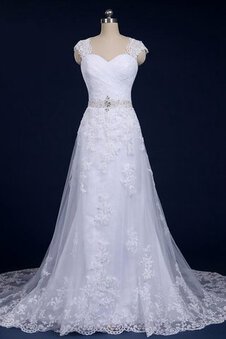 Robe de mariée avec perle avec zip de traîne courte ligne a ceinture avec perle