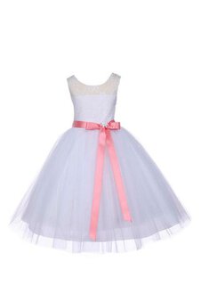 Robe cortège fille naturel plissage encolure ronde en tulle avec décoration dentelle