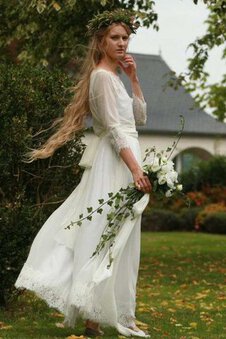 Robe de mariée simple avec ruban a-ligne avec manche 3/4 ceinture