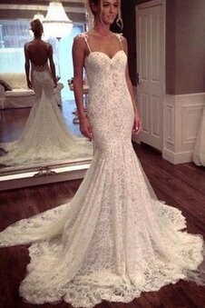 Robe de mariée bandouliere spaghetti de traîne moyenne de sirène manche nulle