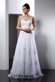 Robe de mariée longue a-ligne de traîne moyenne appliques manche nulle