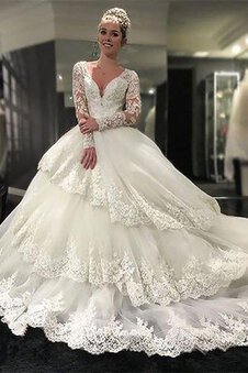 Robe de mariée naturel en tulle de traîne moyenne de mode de bal de col en v