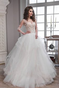 Robe de mariée longue naturel longueru au niveau de sol col u profond avec manche longue