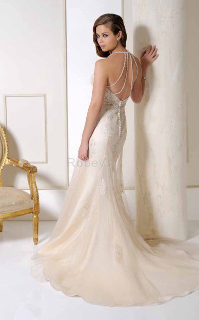 Robe de mariée longue de traîne courte avec perle textile en tulle dénudé