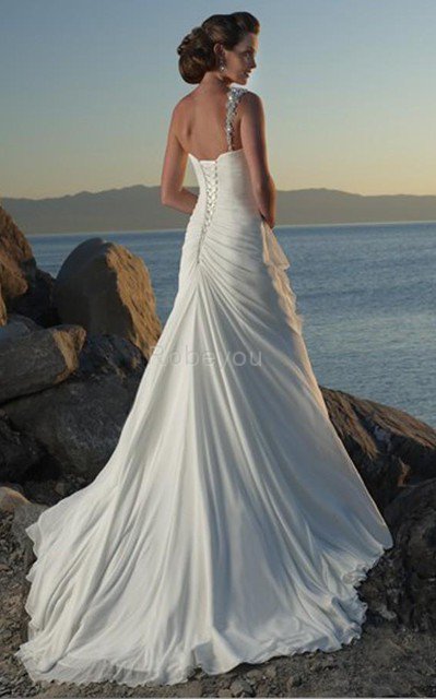 Robe de mariée d'épaule asymétrique avec perle de traîne courte avec chiffon manche nulle