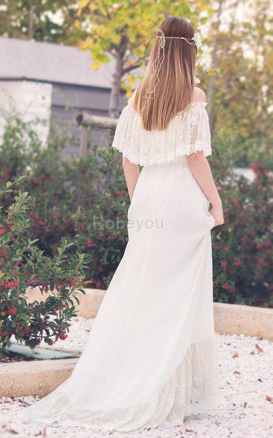 Robe de mariée romantique avec manche courte en dentelle de traîne courte d'epaule ajourée