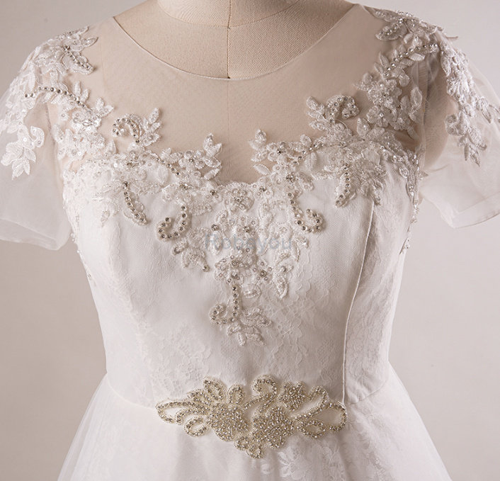 Robe de mariée manche nulle incroyable avec cristal ceinture en étoffe a-ligne