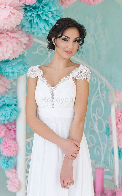 Robe de mariée plissage facile v encolure avec lacets avec manche épeules enveloppants