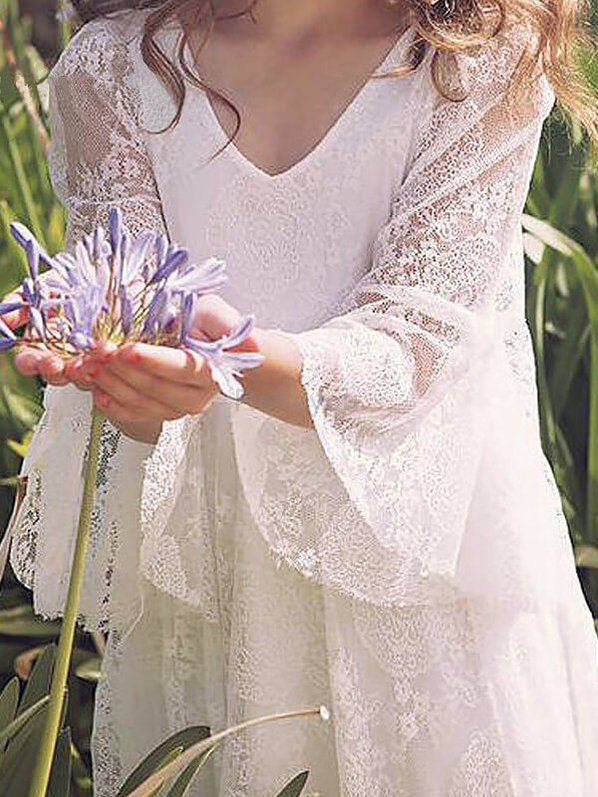 Robe cortège fille naturel v encolure avec fleurs de princesse avec manche longue