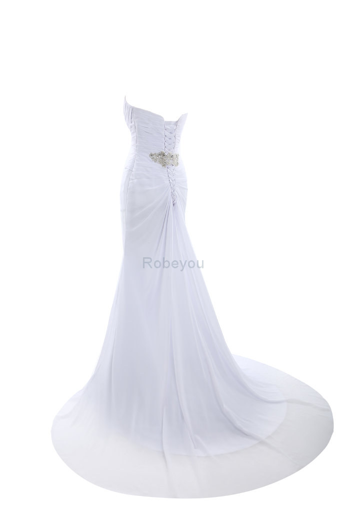 Robe de mariée intemporel avec perle en chiffon lache avec décoration dentelle