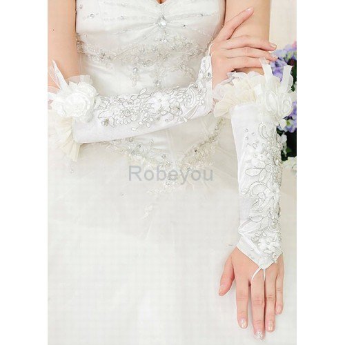 Satin Fleur 3D Blanc Chic | Gants de mariée modernes