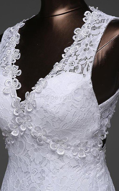 Robe de mariée naturel manche nulle cordon dos nu avec décoration dentelle