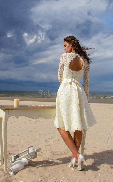 Robe de mariée romantique simple delicat avec manche longue avec nœud