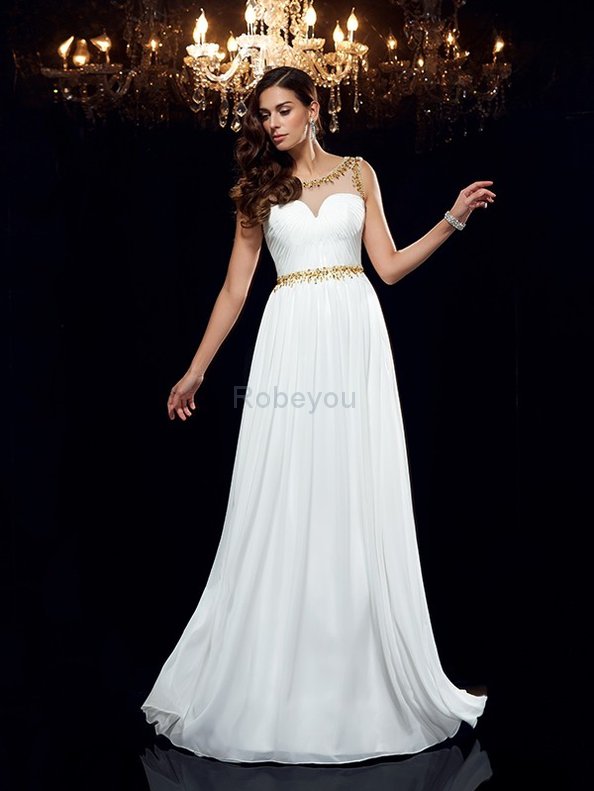 Robe de bal naturel avec chiffon avec perle manche nulle ligne a