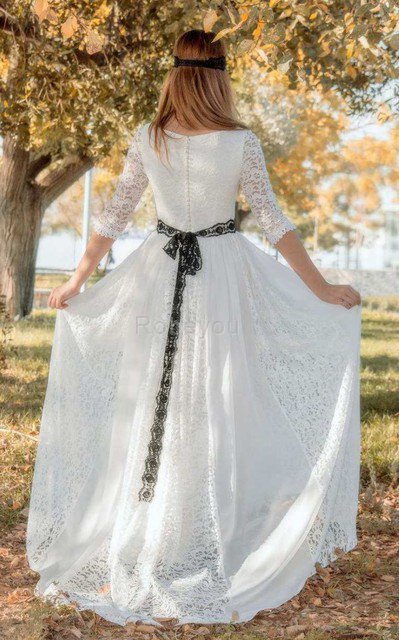 Robe de mariée simple avec zip ligne a avec ruban en 3/4 manche