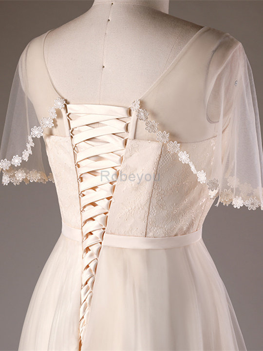 Robe de mariée de col en v en satin avec décoration dentelle accrocheur a-ligne
