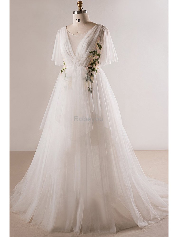 Robe de mariée joli de traîne courte a-ligne avec fleurs sage