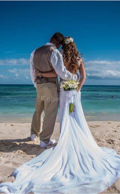 Robe de mariée appliques avec décoration dentelle de traîne mi-longue en plage en chiffon