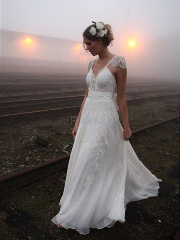 Robe de mariée naturel de princesse ligne a avec décoration dentelle v encolure
