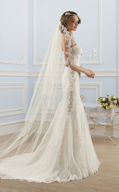Robe de mariée distinguee cordon avec perle decoration en fleur avec sans manches
