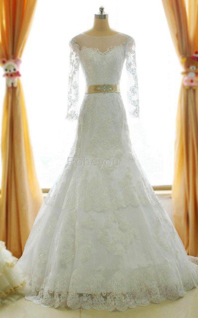 Robe de mariée en satin jusqu'au sol cordon avec zip avec décoration dentelle