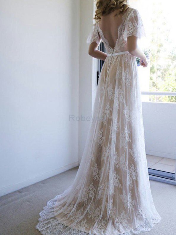 Robe de mariée ligne a belle de col en v avec décoration dentelle avec ruban