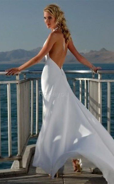 Robe de mariée avec perle manche nulle v encolure en plage de traîne moyenne