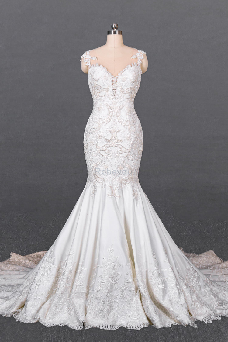 Robe de mariée fermeutre eclair splendide de sirène avec sans manches en satin