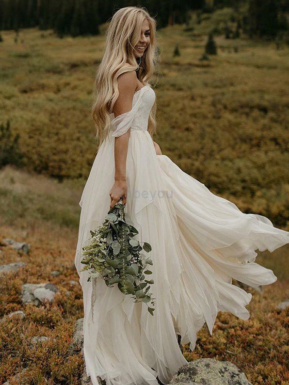 Robe de mariée a-ligne d'epaule ajourée manche nulle splendide naturel