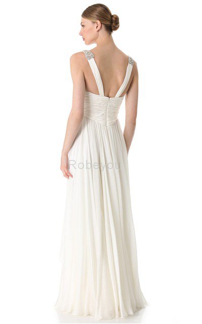 Robe de mariée en plage bandouliere spaghetti avec perle a-ligne de tour de ceinture en haute