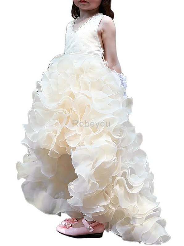 Robe cortège fille naturel silhouette asymétrique a-ligne avec fleurs de col en v