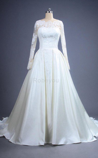 Robe de mariée luxueux modeste a-ligne de traîne moyenne de col entaillé