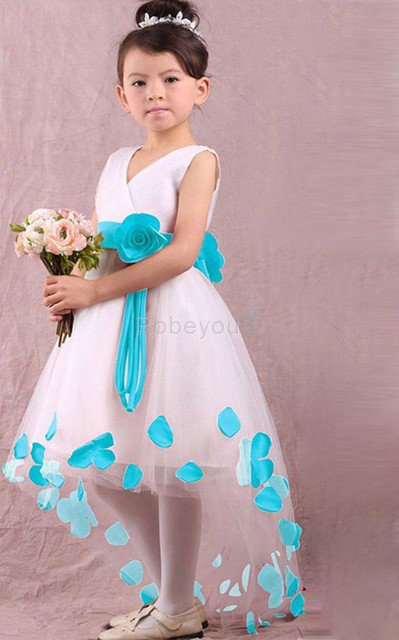 Robe cortège fille avec manche courte de col en v avec fleurs croisade textile en tulle