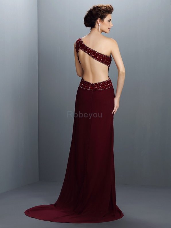 Robe de bal longue a-ligne manche nulle en chiffon d'épaule asymétrique